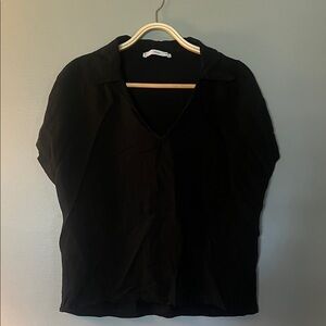 MNG Classic Black V-Neck Collared Short Sleeve Blouse